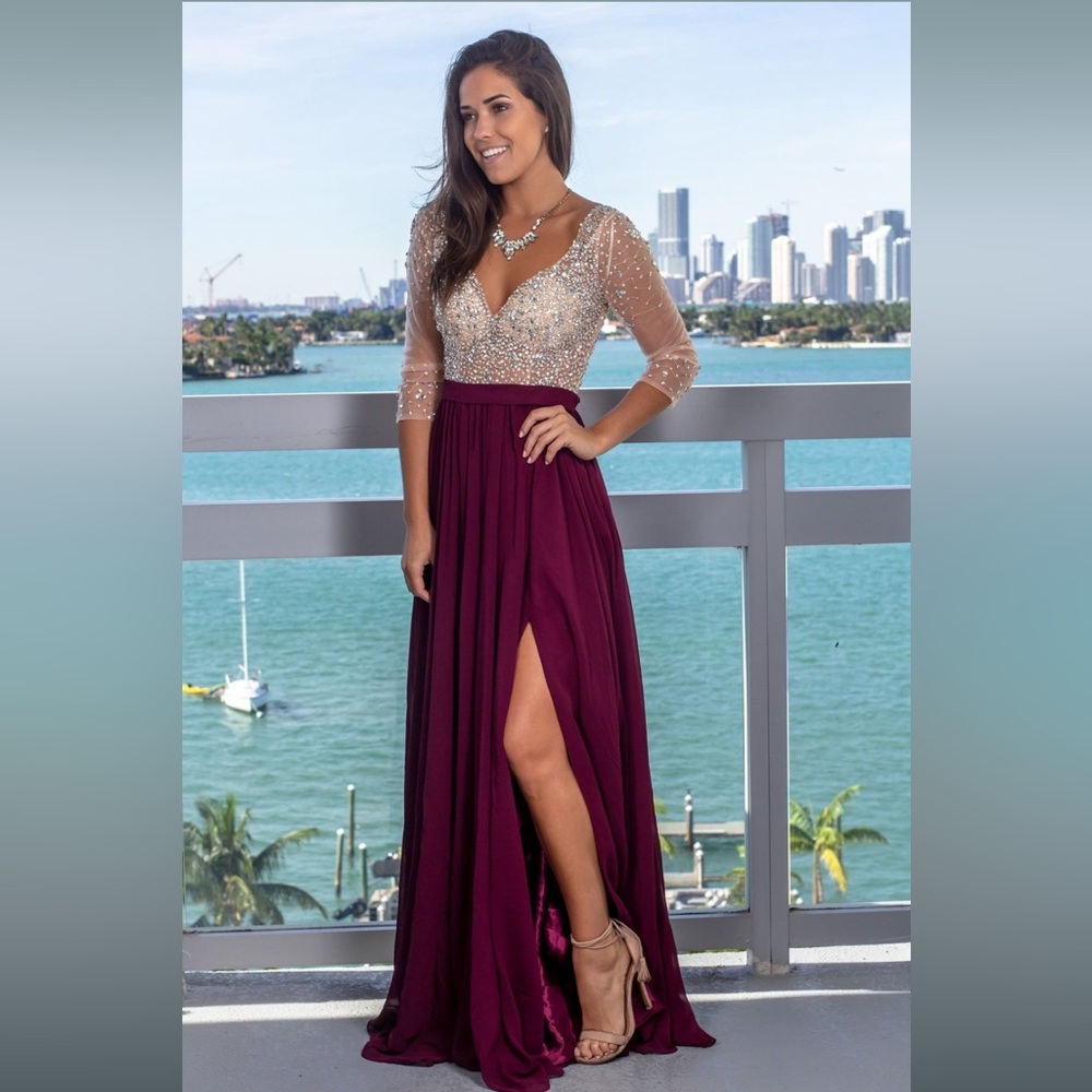 ✨ RARE Soieblu Elegant Burgundy and Ivory Sequin Mesh Gown Gold Sequin Dress